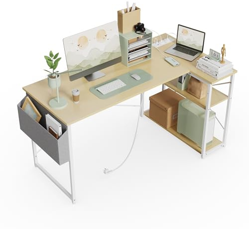 BEXEVUE Small L Shaped Desk with Power Outlets - 100x70 cm Corner Computer Desk Writing Table, Reversible Large Storage Shelves, Bookshelf Workstation for Study Play Work Bedroom Home Office Beige