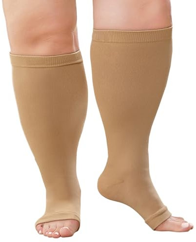 ZFSOCK Calze a Compressione Graduata Uomo Donna: Calzini Contenitivi Taglie Forti Obesi Polpaccio Punta Aperta Oversize Gambaletti 20-30mmHg per Vene Varicose Circolazione Gravidanza Beige 4XL 1 Paia