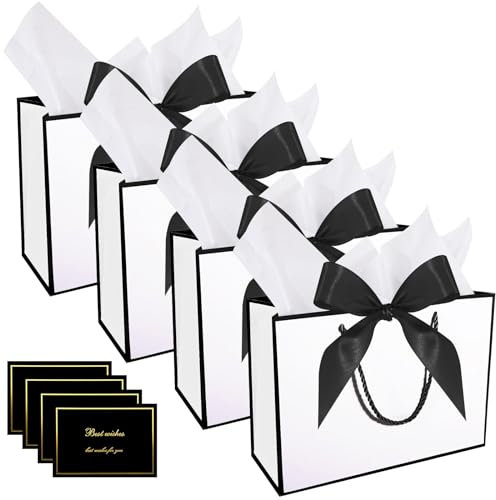 Geschenktasche Set, 4 Geschenktüten mit Schleifen + 4 Seidenpapier Weiß + 4 Grußkarten Papiertüten Bodenbeutel Geschenkverpackung für Hochzeit Taufe Geburtstag Muttertag Party Valentinstag
