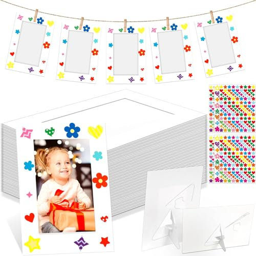 QOUBAI 150 Pcs White Paper Picture Frames 4x6 Inch Fall Thanksgiving DIY Photo Frame with 18 Stickers in 3 Types Kids Art Display Crafts Kits Cardboard Easels
