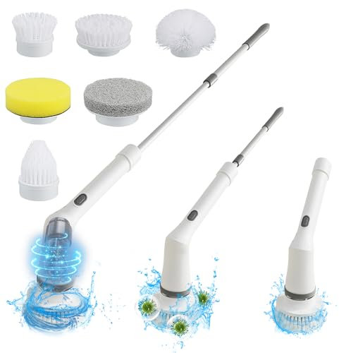 OBEST Cepillo de Limpieza Eléctrico Inalámbrico con 6 Cabezales Reemplazables, Limpiador Giratoria Eléctrico Hogar con Mango Ajustable, Spin Scrubber 2 Velocidades para Cocina/Azulejos/Paredes/Suelos