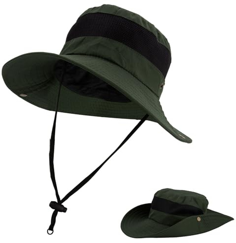 NONMON Sombrero de sol para hombre y mujer, protección UV, para exteriores, con ala ancha y correa para la barbilla, sombrero de safari, sombrero de pescador, plegable, para senderismo, pesca,