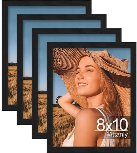 Vittanly 8x10 Picture Frame Set of 4, Display Pictures 5x7 with Mat or 8x10 without Mat, Engineered Wood with Shatter Resistant Plexiglass, Wall Gallery Photo Frames for Wall or Tabletop, Black