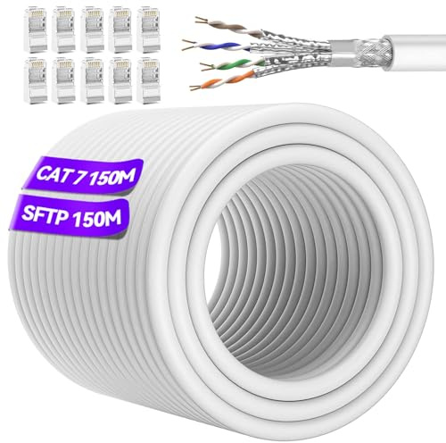 Soibke Cat 7 Ethernet-kabel 150 m vit RJ45-kabel 150 m skärmad SFTP Gigabit | Höghastighets nätverkskabel, LAN-kabel, vattentät Ethernet-kabel för utomhusbruk för router och modem – 10 Gbps, 600 MHz