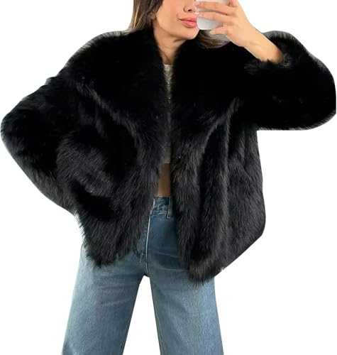 Suncadmious Cappotto da Donna in Pelliccia Soffice Giacca in Pelliccia Soffice Giacca a Maniche Lunghe con Risvolto giacche Invernali in Pelliccia Shaggy Parka Cappotto Corto (Nero,S)