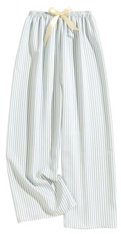 Pyjama Bottoms Womens Summer Soft Wide Leg Lounge Pants Striped Printed Elasticated Waist Trousers Lightweight Nightwear Comfy Full Length Girls Cotton Sleep Pants for All Seasons One Size Sky Blue