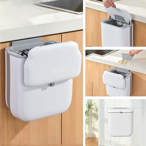 Pmueuff Bidone Umido Cucina da 10 Litri, Pattumiera Compatta da Campeggio con Coperchio, Pattumiera da Appendere Alla Cucina/Armadio, Pattumier Pieghevole per Roulotte in PP+TPE