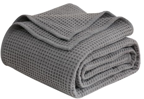 YOUR MOON Waffle Weave Wool Blanket Queen Size, Natural Australian Wool Blanket for Bed & Couch, Soft and Warm, Breathable Thick Throw Blankets for All Seasons, 90x90, Gray