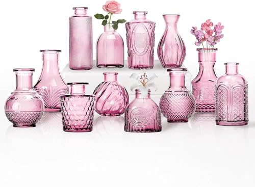 Juego de jarrones de vidrio Sawoake, rosa, 12 piezas, estilo vintage con patrón estructurado, para flores y decoración del hogar (rosa, 12 piezas)