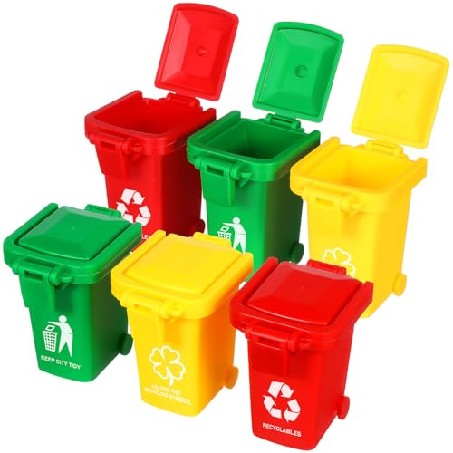 MUSISALY Lot de 6 Jouets Poubelles Miniatures à Roues pour Tri des Déchets, en Abs Coloré, Jeu Éducatif et Cognitif pour Garçon et Filles, Fournitures Scolaires Ludiques