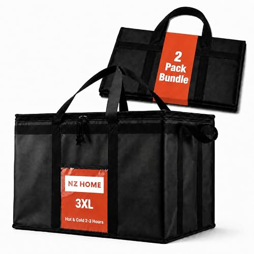 NZ home Insulated Bags for Food Delivery (XL Plus) Grocery Shopping Cooler Bag, Pizza Delivery, Hot & Cold Catering Tote, Reusable, Foldable & Heavy Duty (2 Pack, Black)