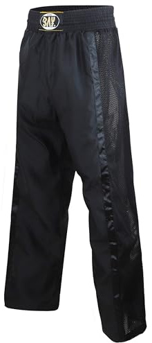 Bay Netz Mesh Kickboxhose Kampfsporthose Schwarz lang Mesh-Netzeinsatz Kontraststreifen in Schwarz seitlich Polyester Erwachsene Damen Herren Kinder Jungen Mädchen Größe L (180)