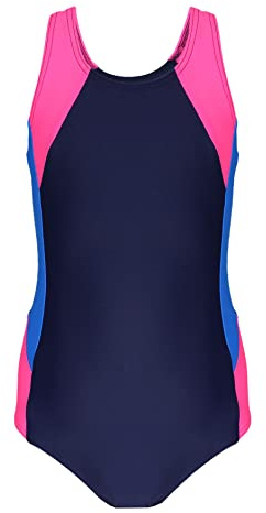 Aquarti Mädchen Badeanzug mit Ringerrücken – Sport Badeanzug Mädchen, Chlorresistent, Farbe: Dunkelblau/Blau/Pink, Größe: 140