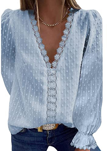 Coloody Femme Tee Shirt Dentelle Col en V, Manches Longues Loisirs D'été Tunique en Jacquard en Dentelle Blouse Amples Caraco en Dentelle Tops Chemisiers à La Mode-LBleu Clair-L