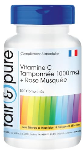 Fair & Pure Gepuffertes Vitamin C 1000 mg + Hagebutte, 500 Tabletten, hochdosiert mit 1250% NRV, Calcium-L-Ascorbat, Nahrungsergänzungsmittel ohne Magnesiumstearat, in Deutschland hergestellt