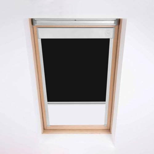 Persianas para ventanas de techo Keylite – Estor opaco – Negro – Marco de aluminio plateado – Contraventanas con enrollador de persiana (T05 (tamaño de cristal visible) 600 x 958)