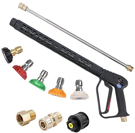 Aim Tools High Pressure Washer Gun Long Handle 4000 PSI with 5 Spray Nozzle Tips, 40cm Extension Wand, M22-14mm Fitting and Quick Connect Adapter Fits Karcher, Car Jet Washer Cleaning Kit