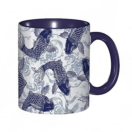DHAEY Mug porcelaine fine Hokusai japonais de vague d'océan de Koi,mer marine exotique de poissons de carpe.Bleu blanc |Mug humour pour collègue, amis, copains, frères et soeurs |Mug original avec