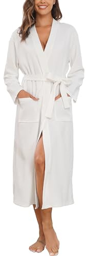 Sopesil Peignoir en Coton Pour Femme,Kimono Femme Nuit avec Col en V Longues Manches Robe de Nuit Femme avec Poches, Blanc,S
