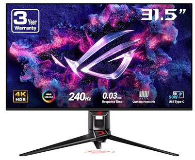 ASUS ROG Swift 32” 4K OLED Gaming Monitor (PG32UCDM) - UHD (3840 x 2160), QD-OLED, 240Hz, 0.03ms, G-SYNC Compatible, Custom Heatsink, Graphene Film, 99% DCI-P3, True 10-bit, 90W USB-C