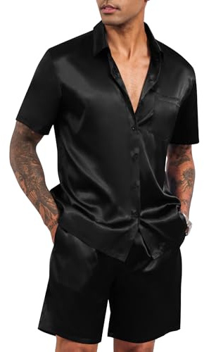 LecGee Mens 2 Piece Silk Satin Pajamas Tracksuit Lounge Button Down Shirts & Shorts Pjs suits Wedding Party(Black,XL)