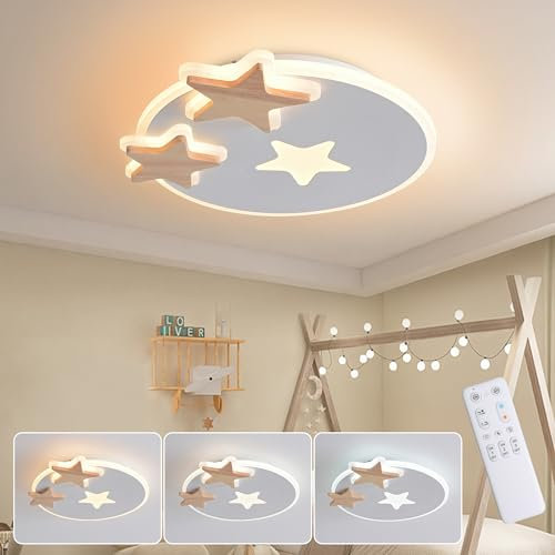 YUEEU 34CM Led Deckenleuchte Schlafzimmer,Holz Kinderzimmer Lampe Decke Stern Kinderlampe,Dimmbar Deckenlampe für Kinder Lampe mit Fernbedienung