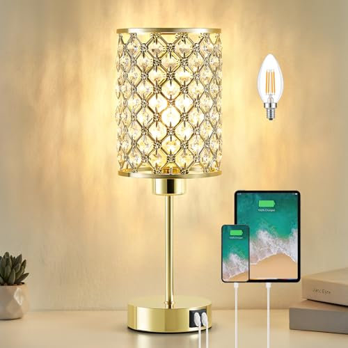 GyroVu - Lámpara de mesa de cristal con puertos USB-C/A – Lámpara de noche táctil de 3 niveles de luz – Pantalla cristalina para dormitorio de niña y salón – Incluye bombilla (dorado)
