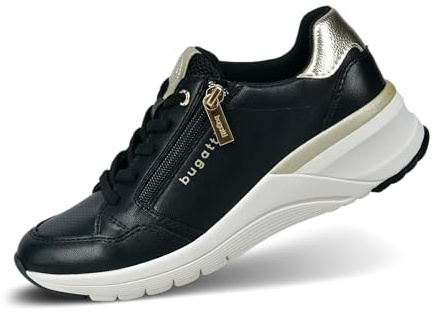 bugatti Damen Schwarze Sneaker mit Reißverschluss-Accessoire, Silbernen Akzenten, Logo-Detail, Austauschbaren Innensohlen schwarz/Gold 40 EU
