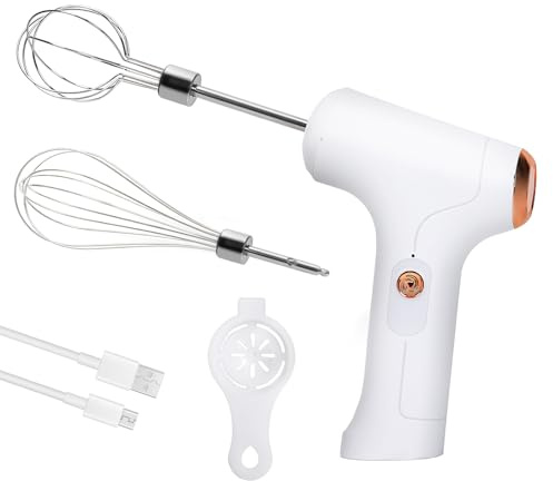CHIDOYII Cordless Hand Mixer, Handheld Electric Whisk with 3 Speed Modes, Hand Held Egg Beater with 2 Detachable Stir Whisks (White)