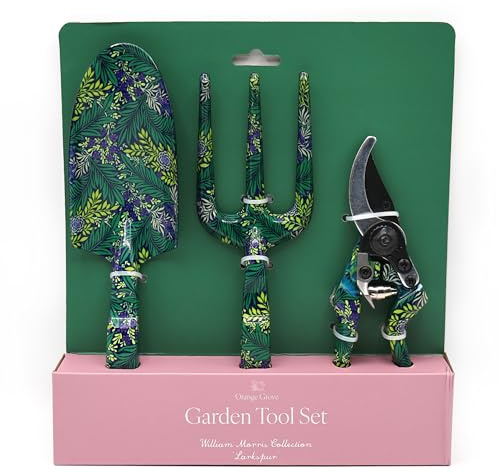 Juego de Herramientas de jardín, Tenedor, Paleta y Tijeras de podar, diseño William Morris Larkspur, Verde