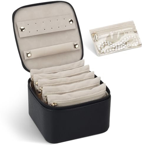 DesignSter Small Travel Jewellery Box Organizer, Lychee Grain PU Portable Jewelry Case with 6 Velvet Jewellery Transparent Pockets, Jewellery Storage for Earrings, Rings, Black