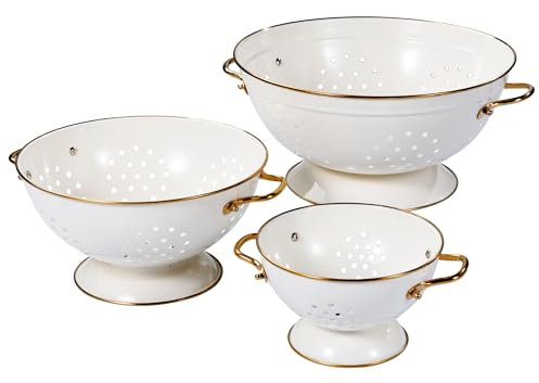 beifeier Set di Scolapasta in Metallo - 1, 3,5 e 5 Litri, Colapasta con Manico e Base, Colino da Cucina per Pasta, Frutta e Verdura, Lavabile in Lavastoviglie (Crema)