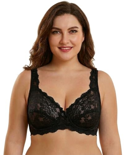 reshmena® Underwired Womens Lace Bra, Women's Push Up Bra Full Coverage Soft Cups Floral Lace Women Non-Padded Bra with Adjustable Straps Womens Everyday Bralette 44DD Black