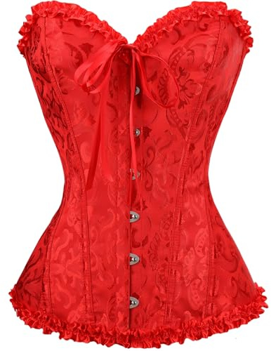 Demays Corset Tops for Women,Bustier Shapewear Lingerie,Lace Tied Renaissance Overbust Corset Push Up Bodysuit (UK, Alpha, L, Regular, Regular, Red)