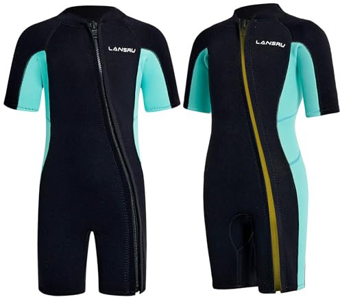 Lansru Neoprenanzug Kinder - Teenager 2,5 mm SCR-Neopren, sicherer Kurzanzug mit UV-Schutz, schrägem Reißverschluss vorne, hält Teenager in kaltem Wasser warm