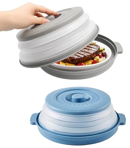 Couvercle Micro Ondes Rétractable, 2 Pièces Cloche Micro Onde Couvercle Pour Micro Ondes anti-éclaboussures 26.5cm our Micro Onde, Fruits, Légumes (Gris, Bleu)