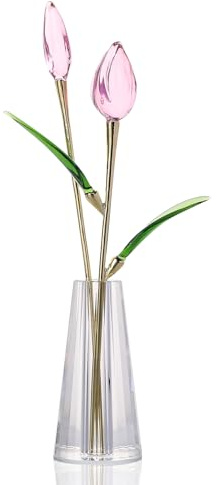 LONGWIN Crystal Tulips Flower Figurine Collectible with Vase Glass Spring Bouquet Flowers with Stem Home Decor Gift for Women Mom