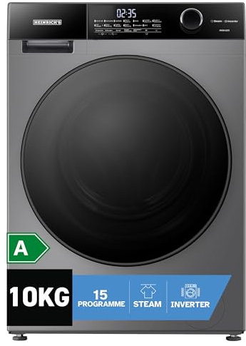Heinrich´s Waschmaschine, Steam-Funktion, 10kg Mega Kapazität, 15 Programme, 1400 U/min., Aqua-Stop, LED-Display, Endzeitvorwahl, mit Kindersicherung, langlebiger und leiser Inverter Motor,Titan-Grau