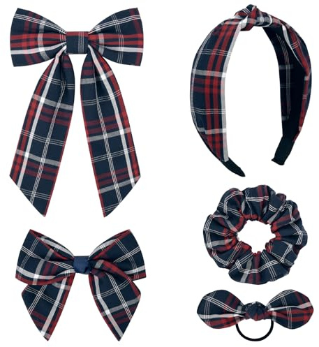 DEEKA 5 Styles Uniform Plaid Long Tail Hair Bows Knotted Headband Scrunchies Bow Set Alligator Clips Back to School Accessories for Toddler Little School Girls (Dark Navy&Red 5 Styles)