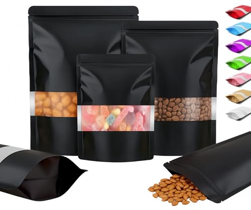 Plaphy 100-pack Återförslutbara Stående Aluminiumfolie Zippåsar med Fönster, Matta Färgade Stand up Ziplock Mylarpåsar, Lufttäta Doypack för Förpackning och Förvaring Livsmedel (Svart, 18 x 26 cm)