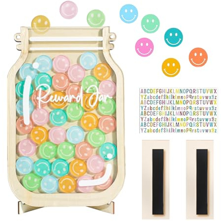 Kids Smiley Reward Jar, Acrylic & Wooden Incentive Pot, Kids Reward Jar, Reward Jars for Children, Magnetic Reward Jar, Good Behavior Tool with 36 Smiley Tokens