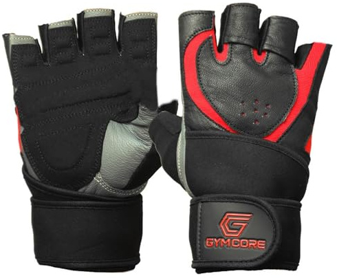 GYMCORE Grey Black Amara leather Gloves Red – Premium Wrist Support Gym Gear for Weightlifting, Powerlifting & Training – Non-Slip Palm Grip, Breathable Padding, Fingerless Fitness Gloves
