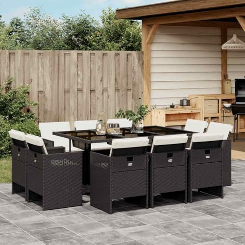 JHQHSM 11-TLG. Gruppo da giardino con cuscino in polyrattan nero, sedie pieghevoli e piano in vetro per terrazza, mobili da esterno in rattan sintetico con rivestimenti rimovibili, resistente alle