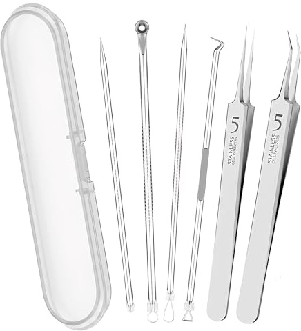 6 Pièces Tire Comedon Point Noir Professionnel en Acier Inoxydable avec Boîte, Comédons Perce Bouton, Outils Tire Comédon, Aiguille Comédons Pince pour Point Noir, Acné, D'acné