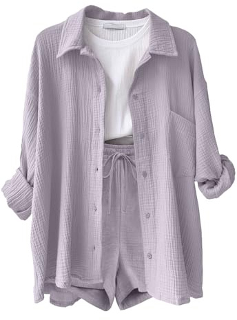 Yutdeng Conjunto Lino Mujer Conjunto de Verano 2 Piezas Traje Ligeros Pantalon y Blusa Manga Larga Pantalones Cortos Cintura Elastica Casual Ropa de Playa Conjunto Mujer Dos Piezas Chándales