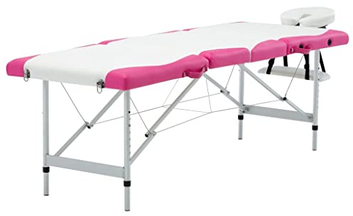 Runheo Table de massage pliante 4 zones avec structure en aluminium, blanc rose, 191 x 70 cm, hauteur réglable de 59 à 81 cm, pour table de massage, table de thérapie, chaise longue cosmétique et
