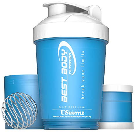 Best Body Nutrition - Coctelera de proteínas - Botella de EE. UU. - Azul/Blanco - Coctelera de proteínas - Sin BPA - 600 ml