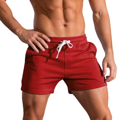 Short de Course de 3 Pouces pour Hommes, Short d'entraînement Physique, de Musculation, Short de Sport en Coton Respirant Rouge 2XL