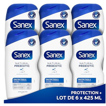 SANEX - Natural Prebiotic Protection+ - Gel douche formule Crème - Protège La Barrière Cutanée - Complexe Prébiotique & Postbiotique - Hydratation 12h - Sans Sulfate* - lot de 425mL x 6