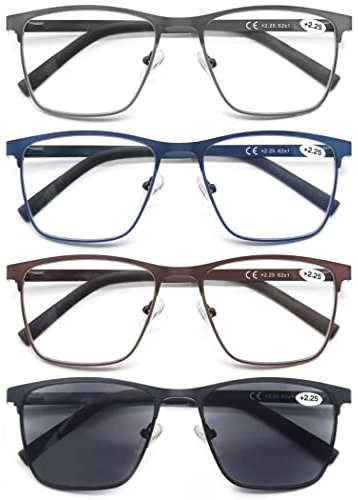 MODFANS 4 Pairs (Blue Light Blocking) Reading Glasses Men,Metal Frame Rectangle Style Stainless Steel Material Spring Hinges,Black-Grey-Blue-Brown
